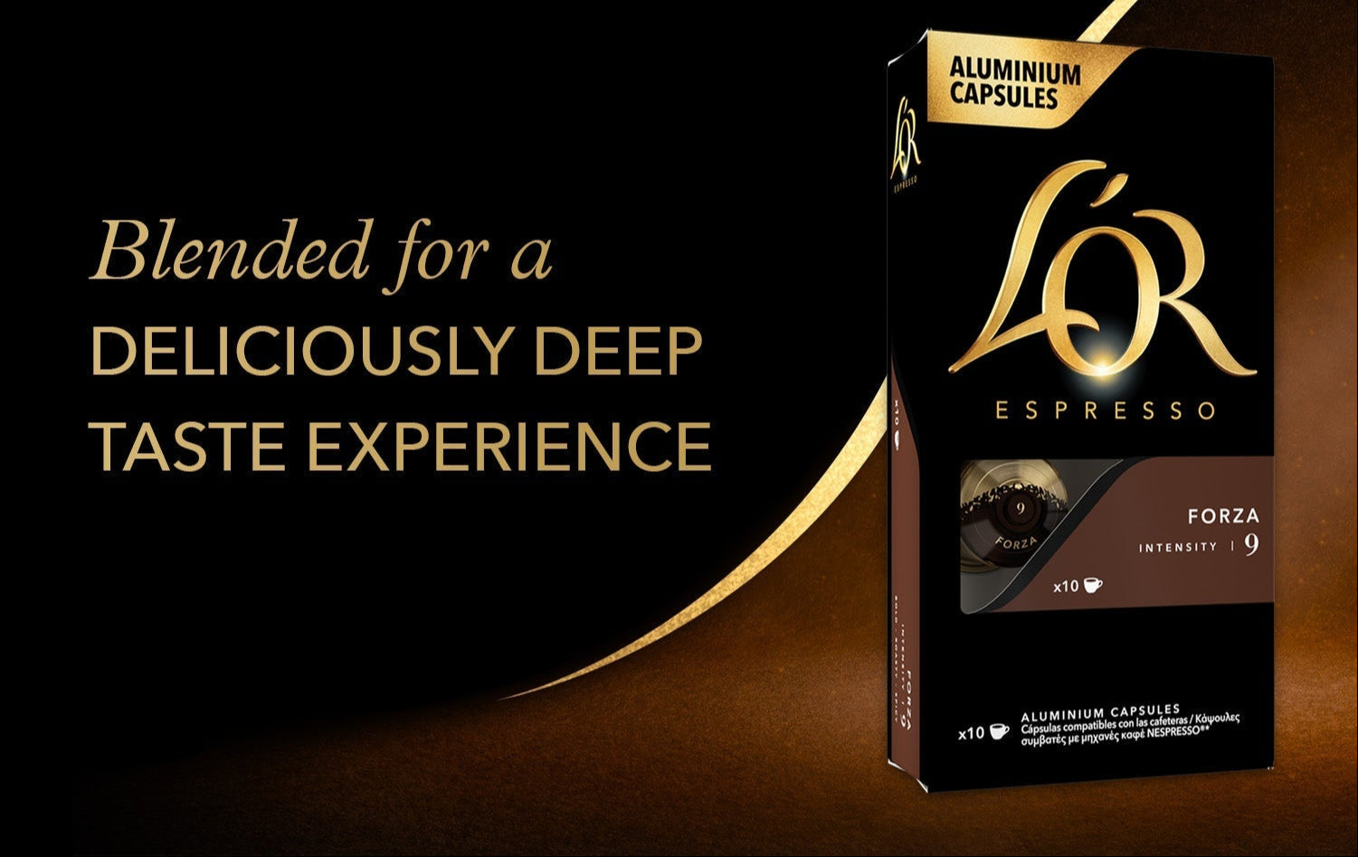 Lor Forza Espresso packaging with text on a dark background