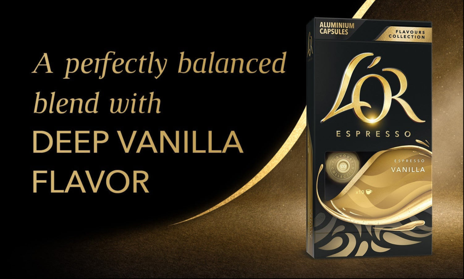 Lor Vanilla Espresso packaging with vanilla flavor description on a dark background