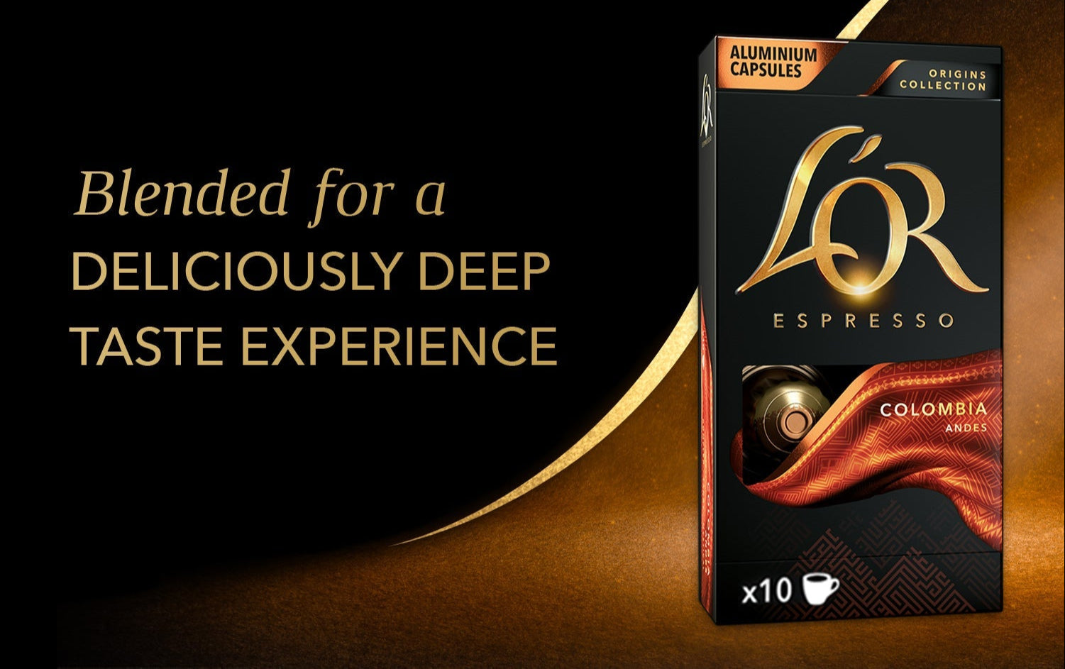 L'Or Espresso Colombia capsule packaging with text on a dark background