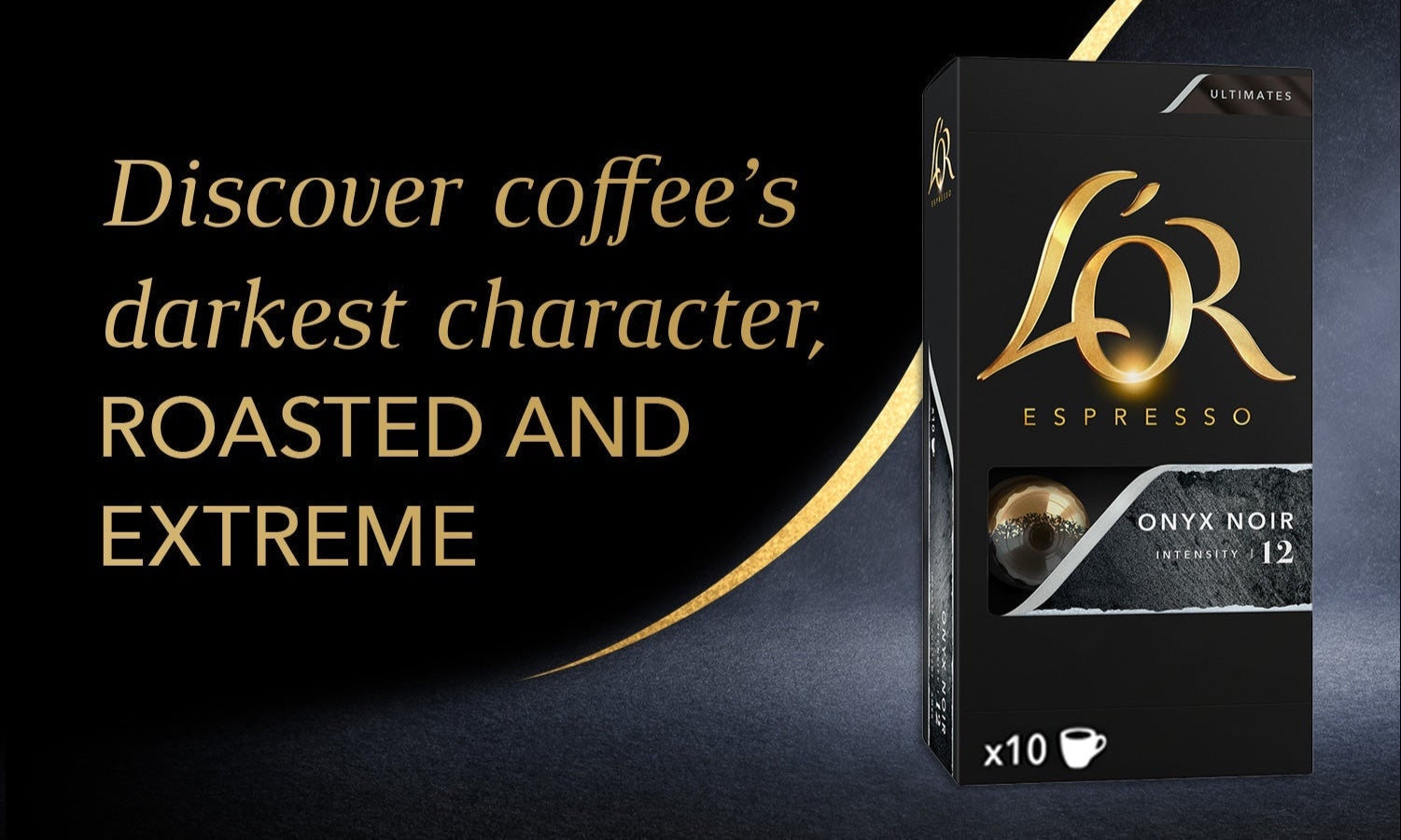 L'OR Espresso Onyx Noir coffee packaging with promotional text on a dark background