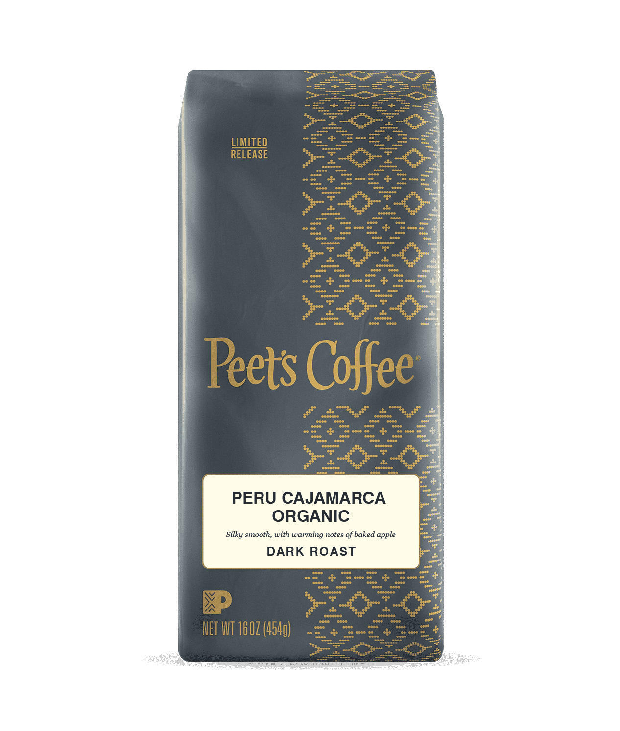 Peet's Coffee Peru Cajamarca Organic Dark Roast Coffee beans in a grey 16 ounce bag