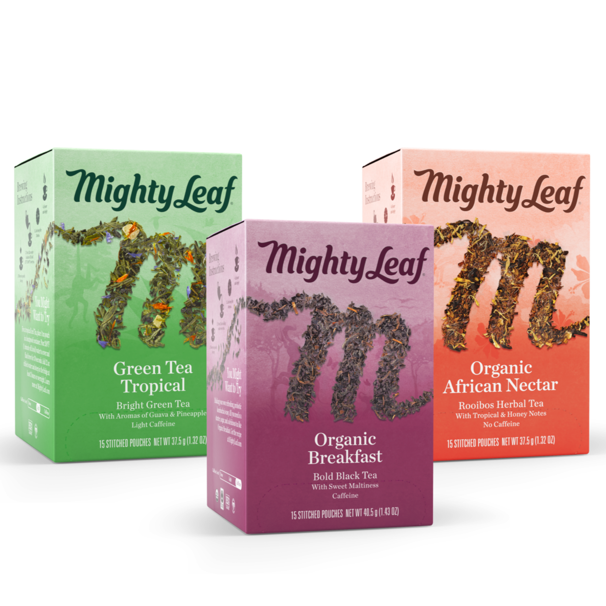 Mighty Leaf Tea Best Sellers Bundle. Green Tea Tropical, Organic Breakfast and Organic African Nectar 15ct tea boxes