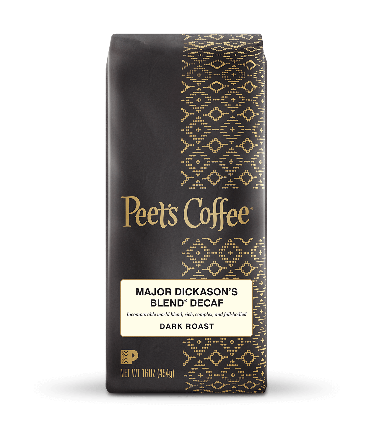 Peet's Coffee Decaf Major Dickason's Blend® Coffee beans in a brown 16 ounce bag