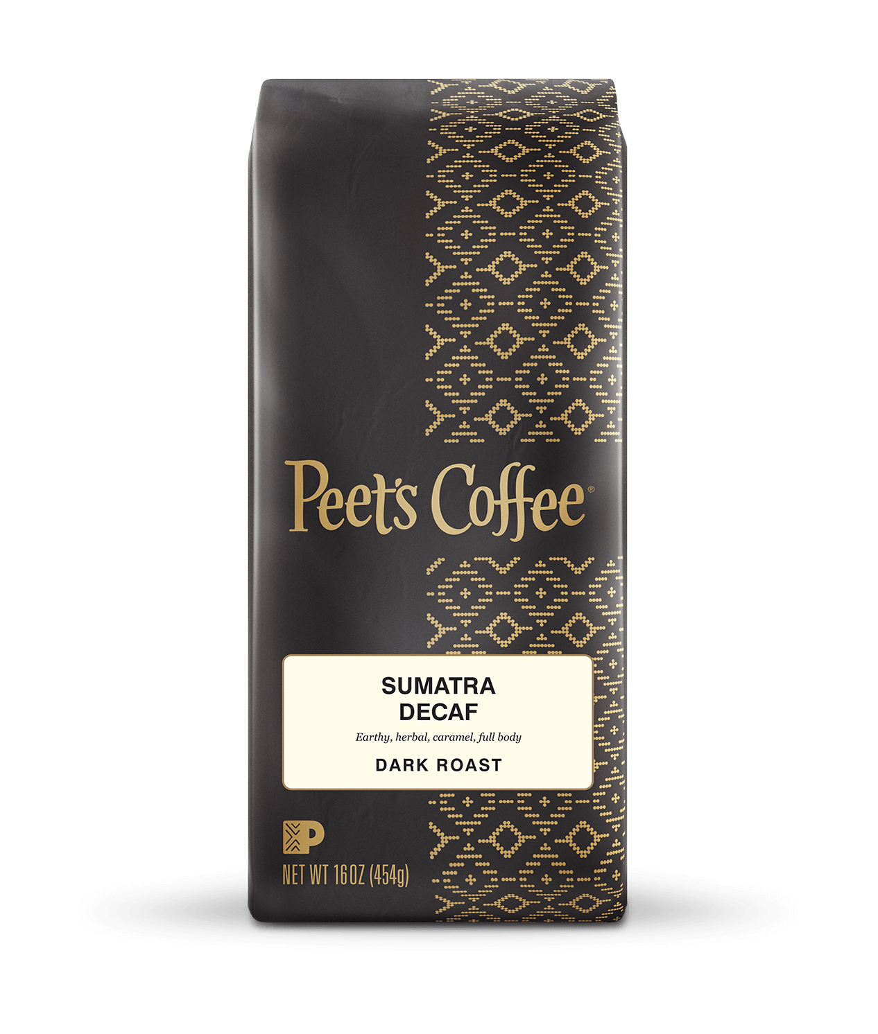 Peet's Coffee Decaf Sumatra Dark Roast Coffee beans in a brown 16 ounce bag