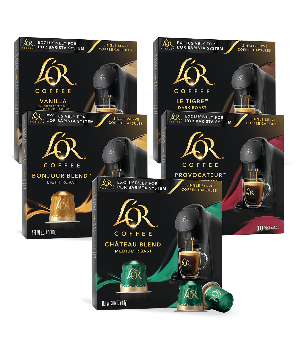 Lor coffee capsules packaging with various roast types on a white background