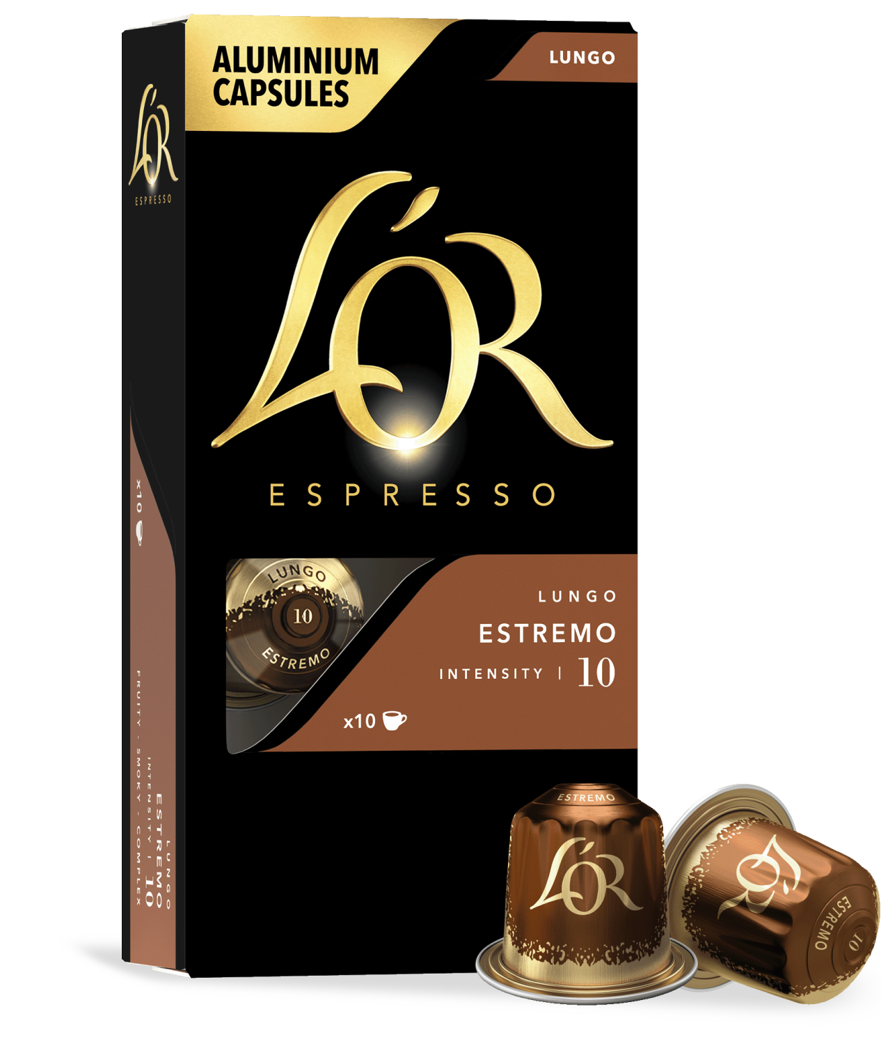 LöR Espresso capsules packaging with gold and black design