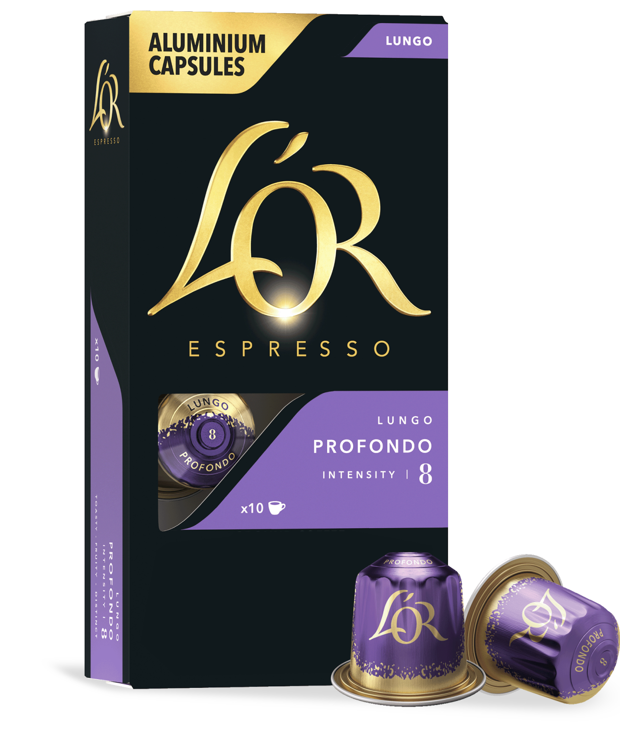 LoR Espresso capsules packaging with two capsules on a white background