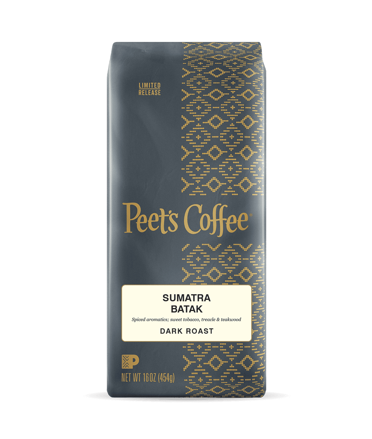 Peet's Coffee Sumatra Batak Dark Roast Coffee beans in a grey 16 ounce bag
