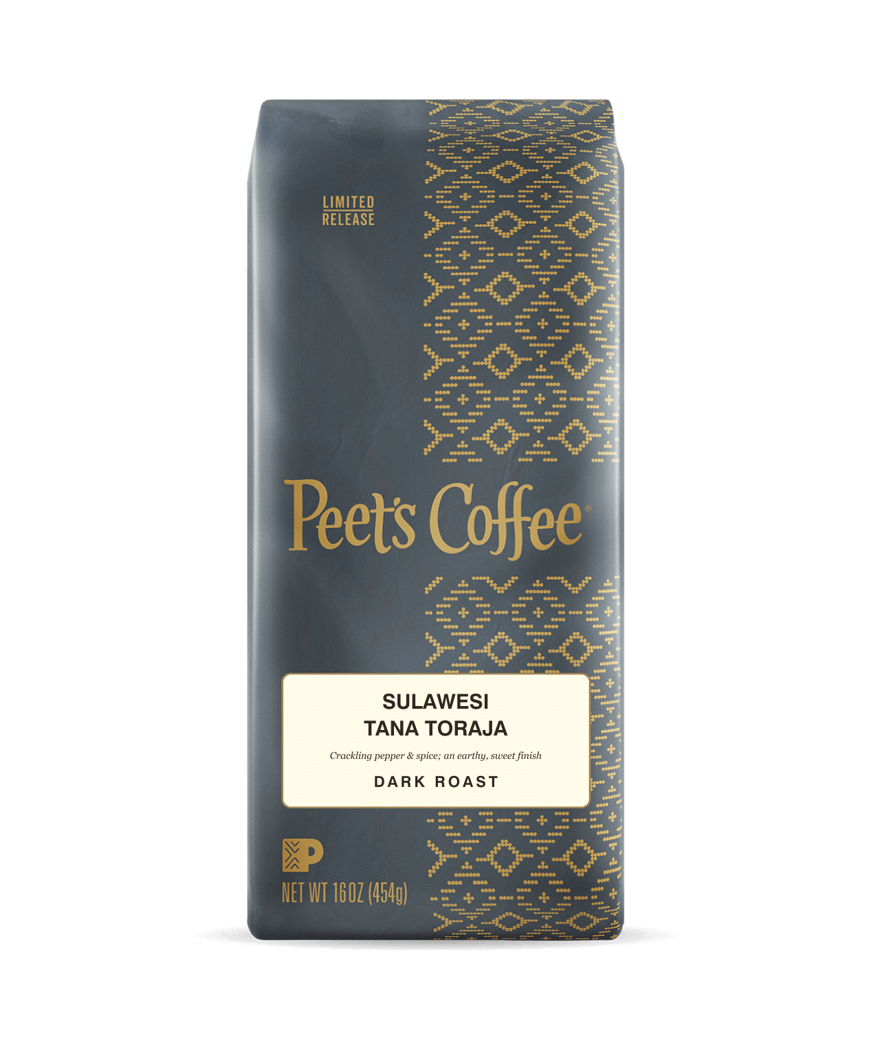 Peet's Coffee Sulawesi Tana Toraja coffee beans in a silver coffee bag